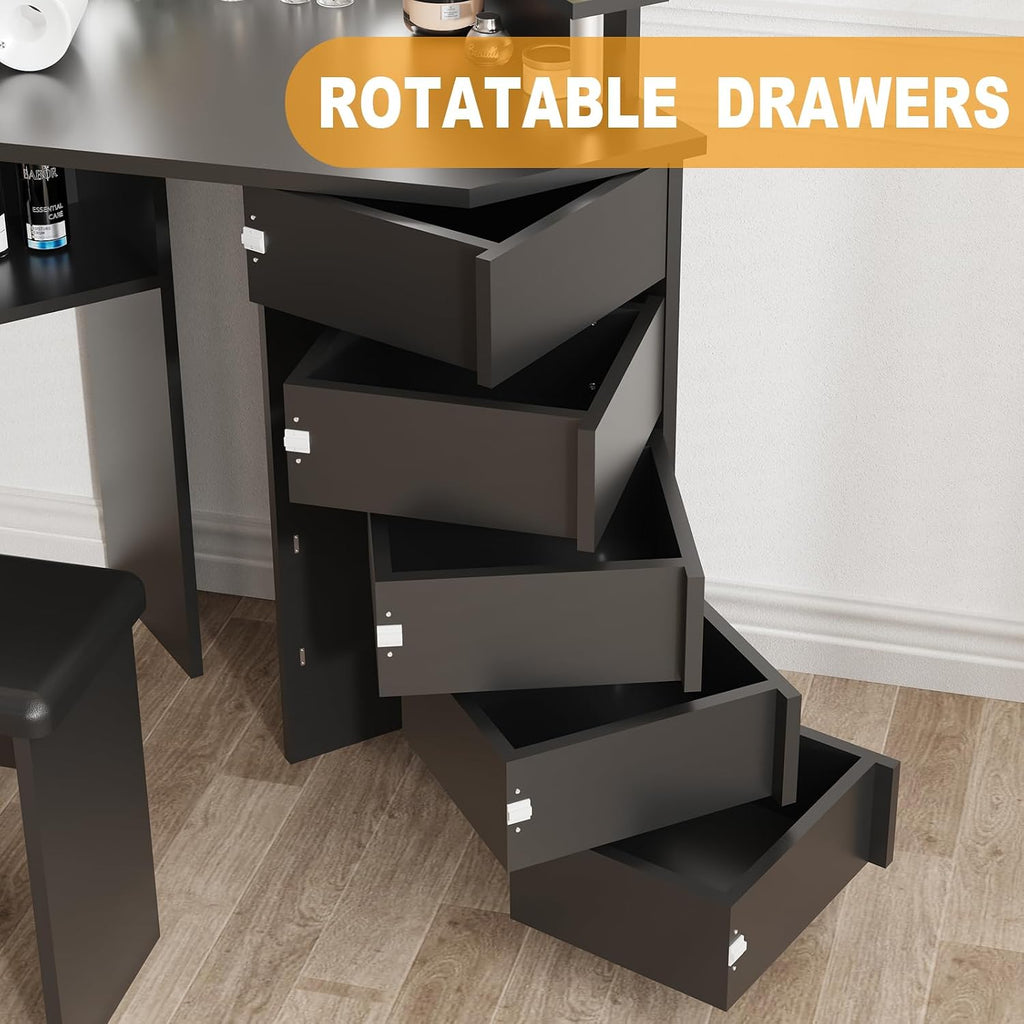 Makeup Vanity Desk with Lights & Power Outlet, Corner Vanity Table with 5 Rotating Drawers,3 Color Lighting, Brightness Adjustable, Shelves and Stool, Dressing Table for Women Girls