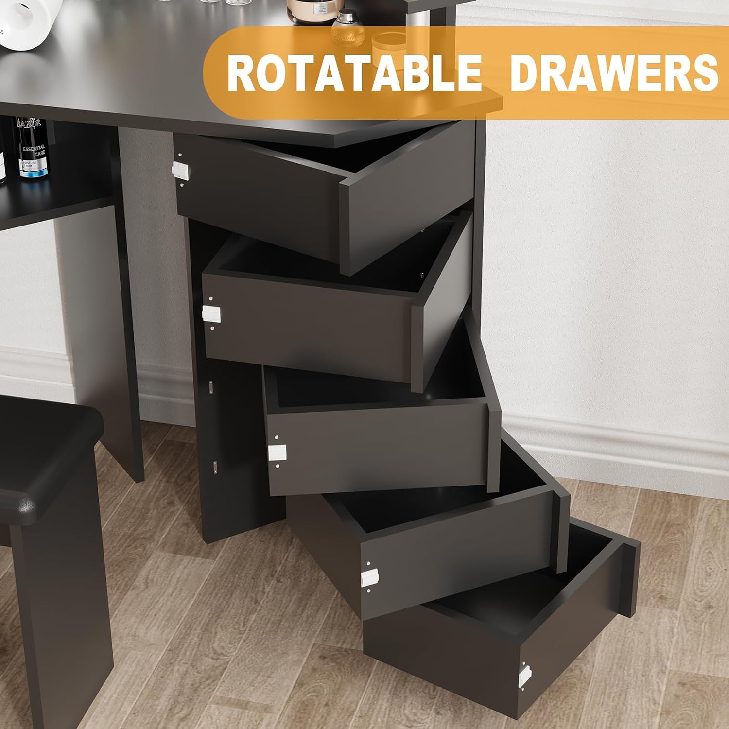 Makeup Vanity Desk with Lights & Power Outlet, Corner Vanity Table with 5 Rotating Drawers,3 Color Lighting, Brightness Adjustable, Shelves and Stool, Dressing Table for Women Girls