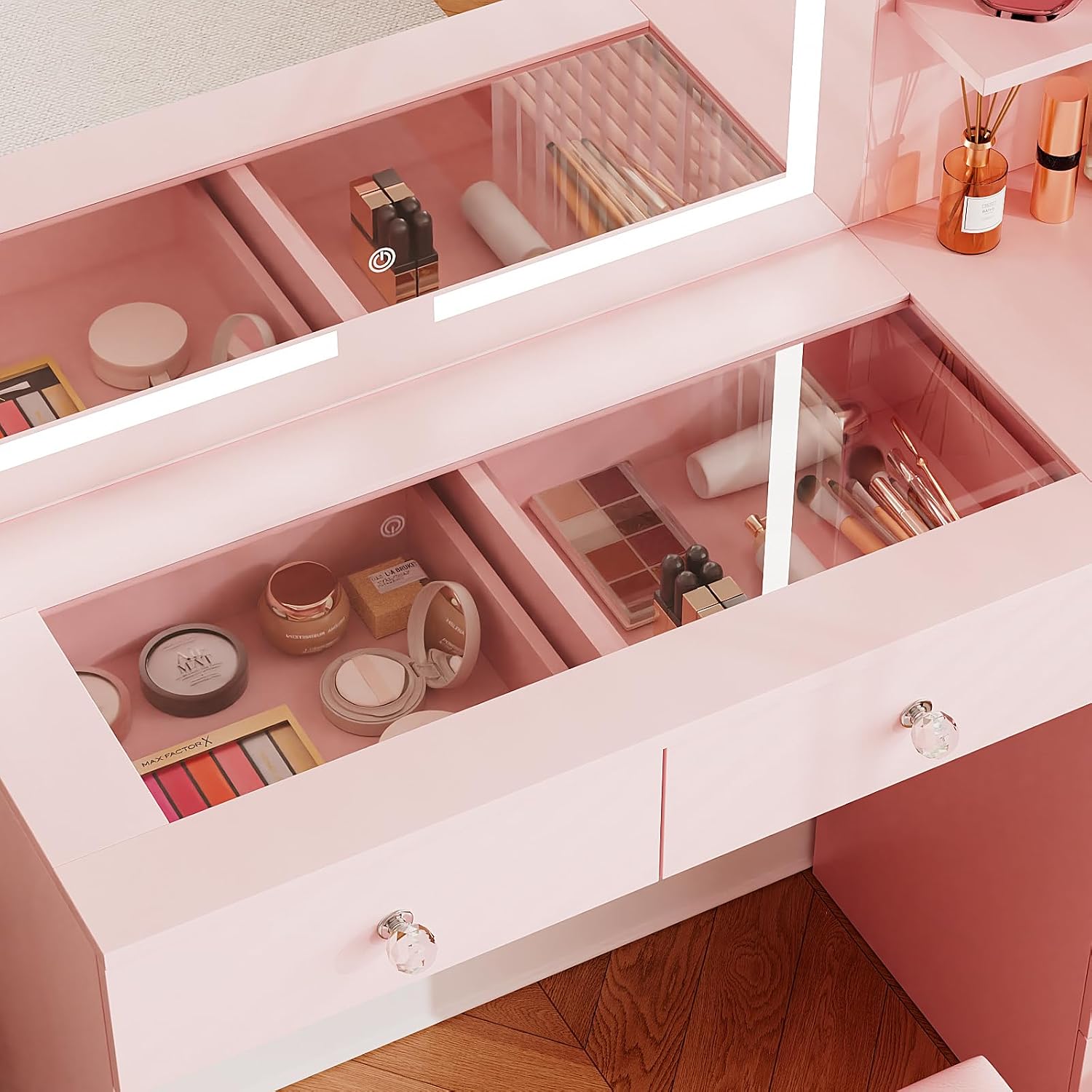 VOWNER Vanity with Mirror and Lights - 47' Glass Top Makeup Vanity Desk with 7 Drawers, 3 Storage Shelves and Outlet, 3 Color Lighting Modes Adjustable Brightness, Makeup Table for Bedroom (Pink)