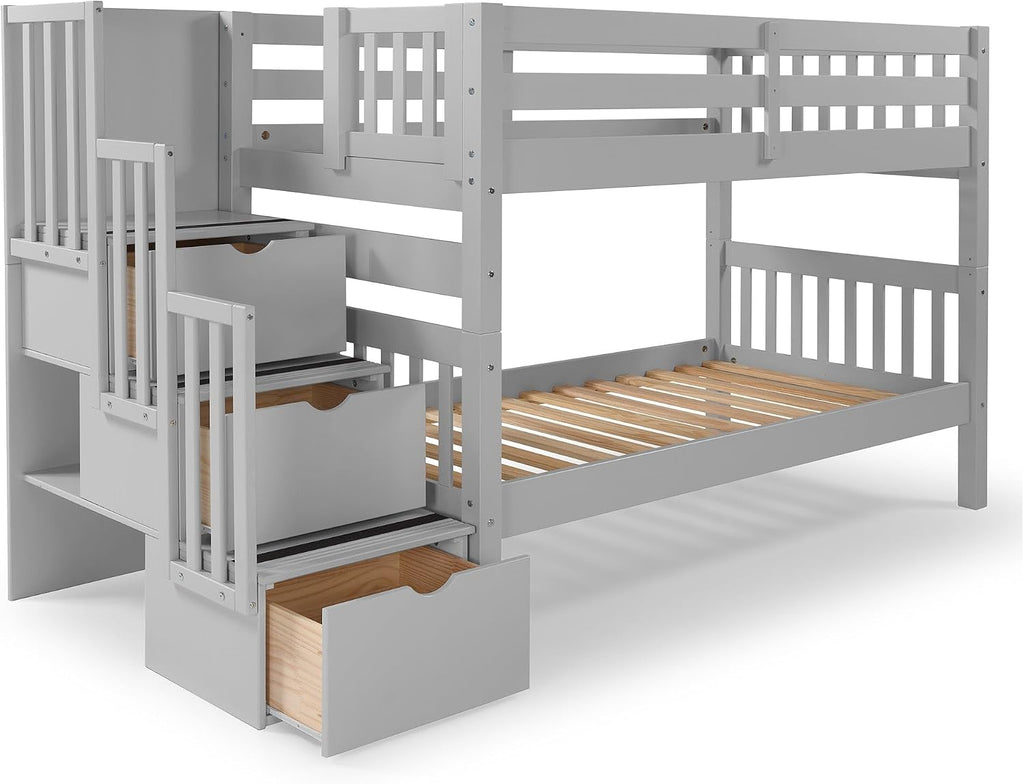 Bedz King Stairway Bunk Beds Twin Over Twin, 3 Step Drawers, Gray