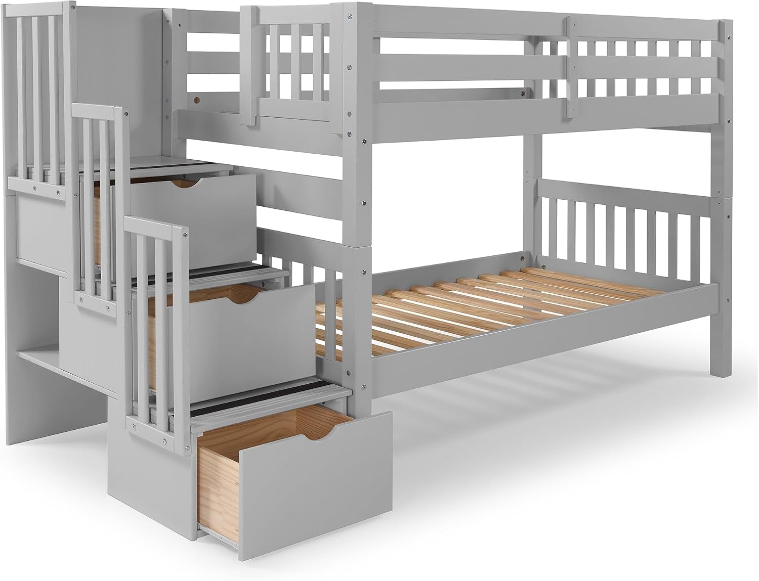Bedz King Stairway Bunk Beds Twin Over Twin, 3 Step Drawers, Gray
