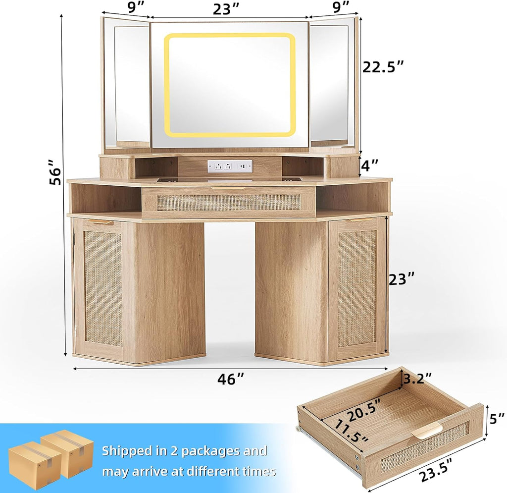 Lerliuo LEYAOYAO Fluted Makeup Vanity Desk with Mirror and Lights, 43.5'' Blue Vanity Table with Glass Top and Power Outlet, Make Up Vanity with 6 Drawers and Adjustable Shelves for Bedroom
