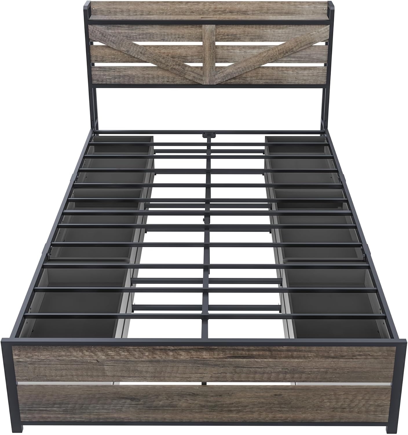 Metal Queen Bed Frame with Storage Headboard and 12 Drawers, Farmhouse Platform Bed with Charging Station, Metal Slats Support, No Box Spring Needed (Oak, Queen)