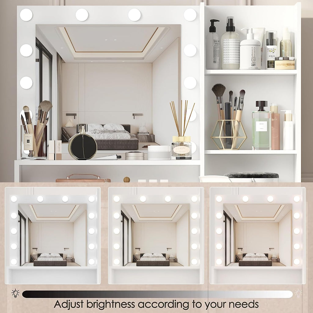 Makeup Vanity Desk with Mirror and Led Lights,Makeup Desk with Lights 3 Colors,Makeup Vanity with 5 Drawers&3 Shelves, Vanity Table with Stool and Power Outlet, Vanity Set for Bedroom,White