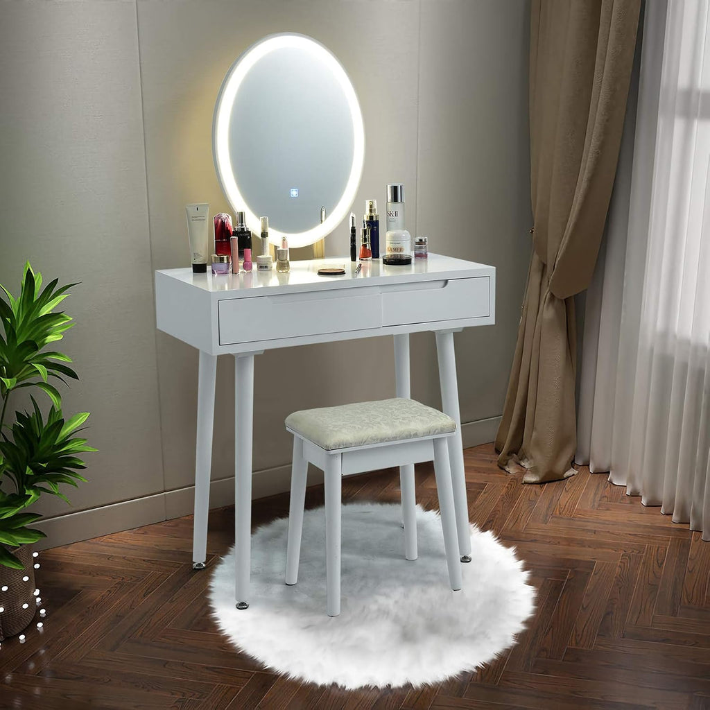 CHARMAID Vanity Set with Lighted Mirror, 3 Modes Adjustable Brightness Mirror, Makeup Dressing Table with Cushioned Stool, 2 Sliding Drawers with Divider, Modern Bedroom Vanity for Girls Women (White)