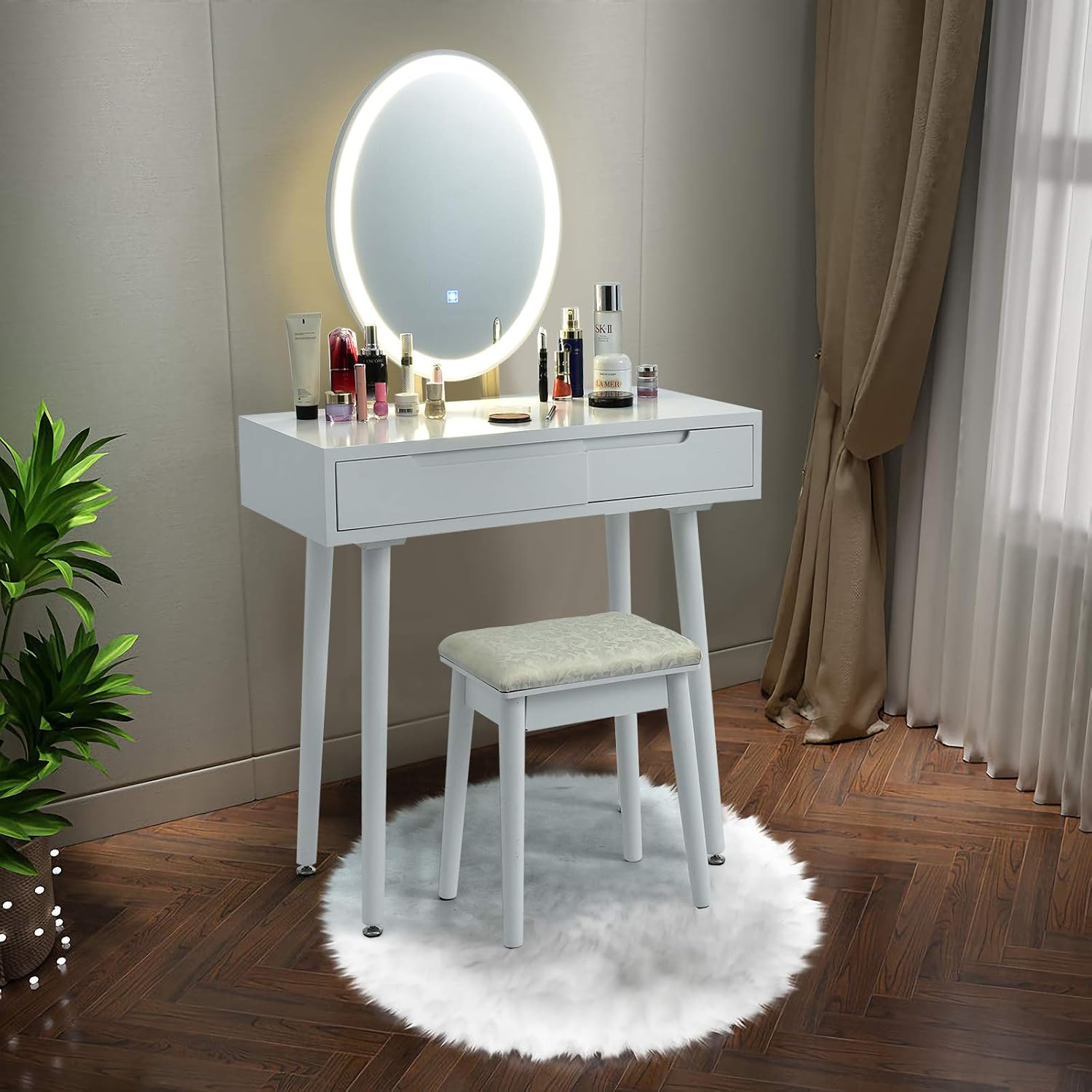 CHARMAID Vanity Set with Lighted Mirror, 3 Modes Adjustable Brightness Mirror, Makeup Dressing Table with Cushioned Stool, 2 Sliding Drawers with Divider, Modern Bedroom Vanity for Girls Women (White)