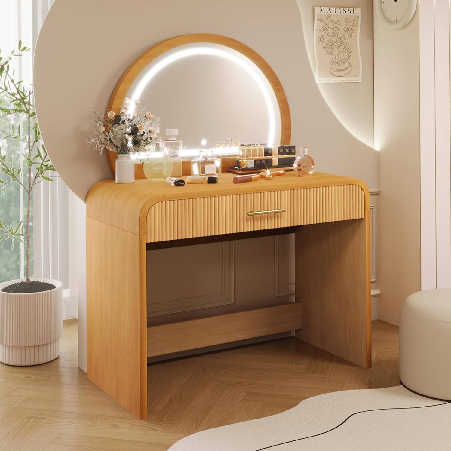 JIJIWANG 39' Makeup Vanity Table with Mirror Touch Screen Lighted Mirror, Dressing Table with Drawer for Bedroom, (Natural, 39' L x 20.1' W x 52.7' H)