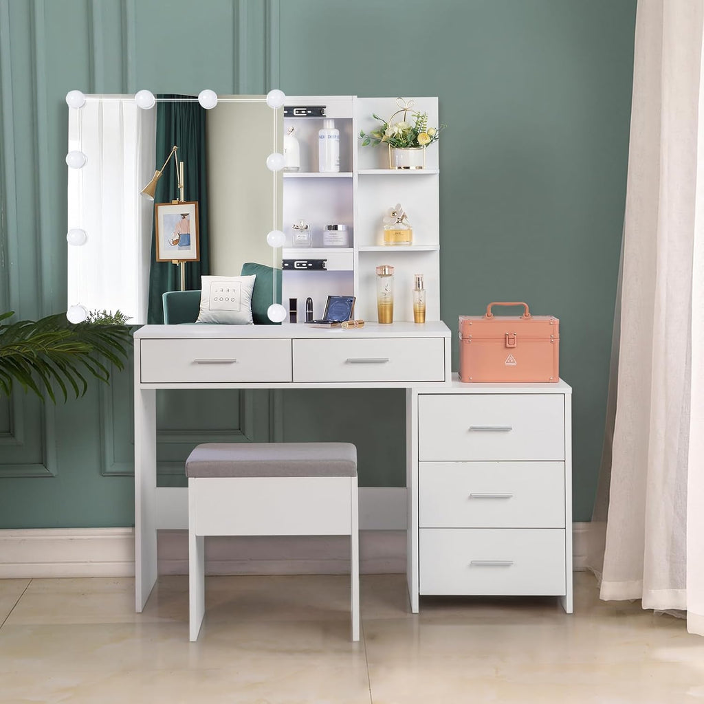 Karl home Vanity Desk with Sliding Mirror and Lights,3 Colour Light Modes,5-Drawer Makeup Vanity with Stool, Makeup Desk Vanity Table for Women, White