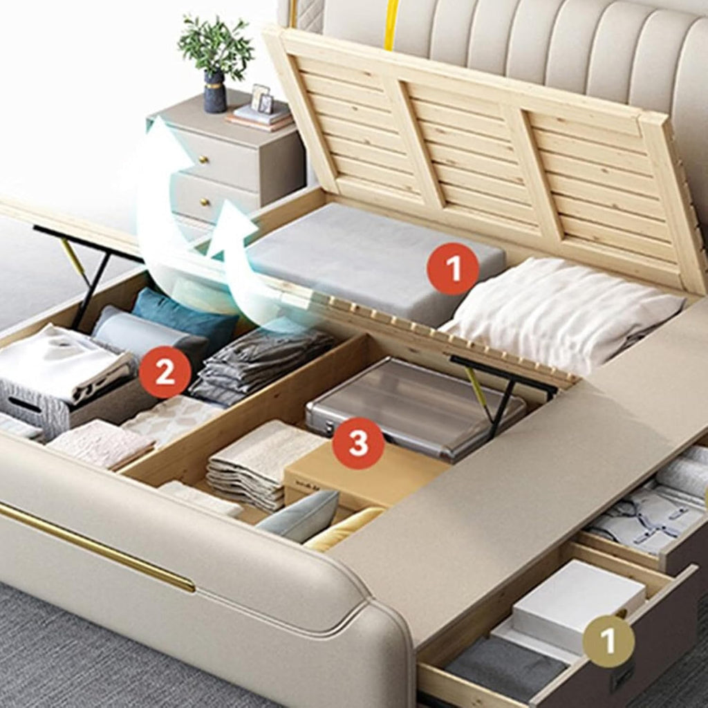 White Luxury King Size Genuine Leather Bed Set with Wingback Headboard and Storage Drawers Wooden Slats and Metal Frame Support, No Box Spring Needed Noise Free