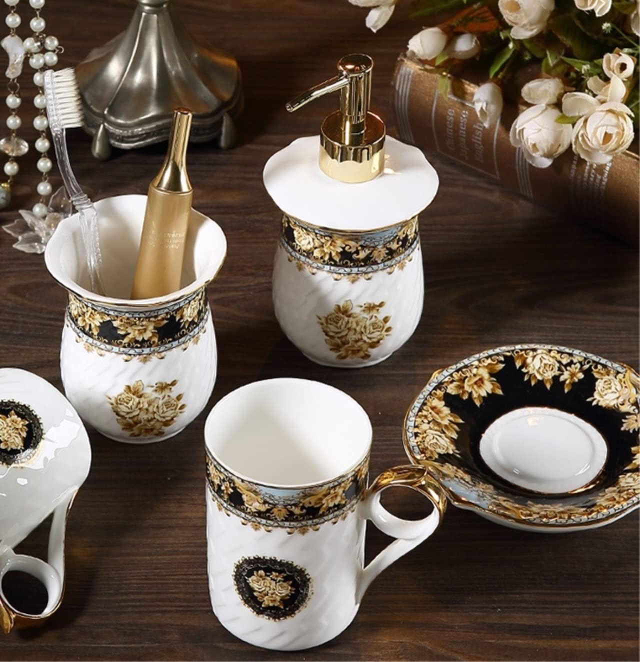 Vanity Bathroom Decor, Light Luxury Bathroom Accessories Set 5 Pieces Ceramics Bath Accessory European Retro Style Bath Set Housewarming Gift(B)