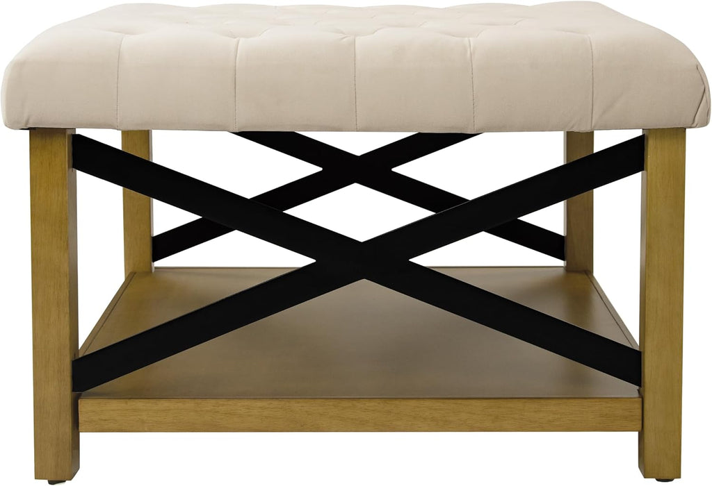 Upholstered Bench with Wood Frame and Shelf, Beige