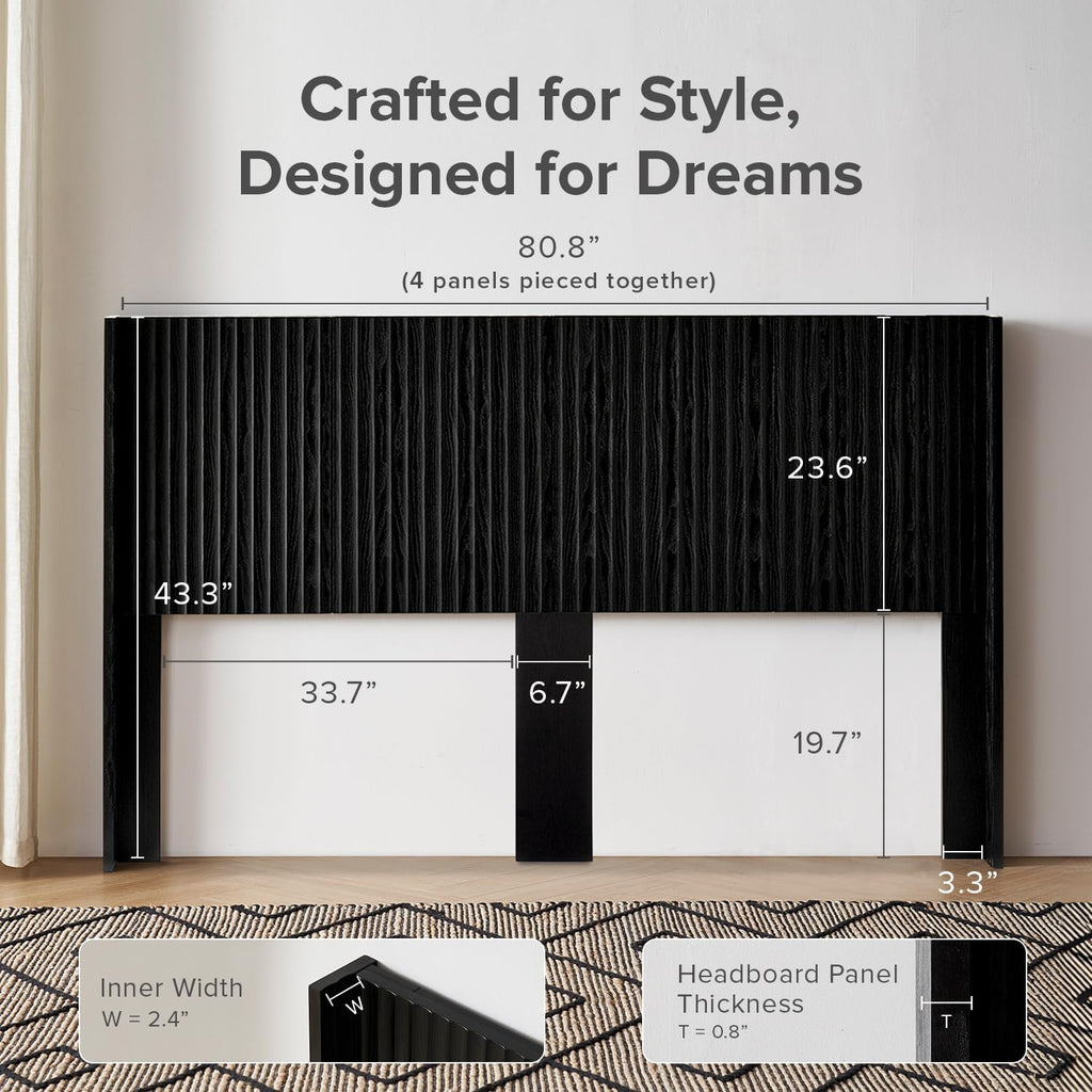 mopio Brooklyn Fluted Panel Wingback Headboard 80.8' - Wall Mount Headboard for King Bed, Modern Farmhouse Bedroom Decor, 4-Panel Assembly (Black Oak, King)