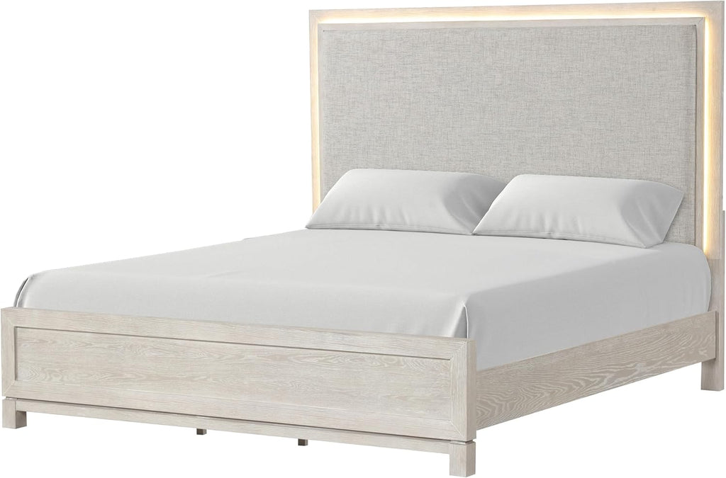 Furniture of America Bailer Modern Solid Wood 3-Piece Bedroom Set with LED on Headboard, Stainless Steal Posts and Marble Top on Nightstand, Box Spring Needed, Queen, Weathered Gray