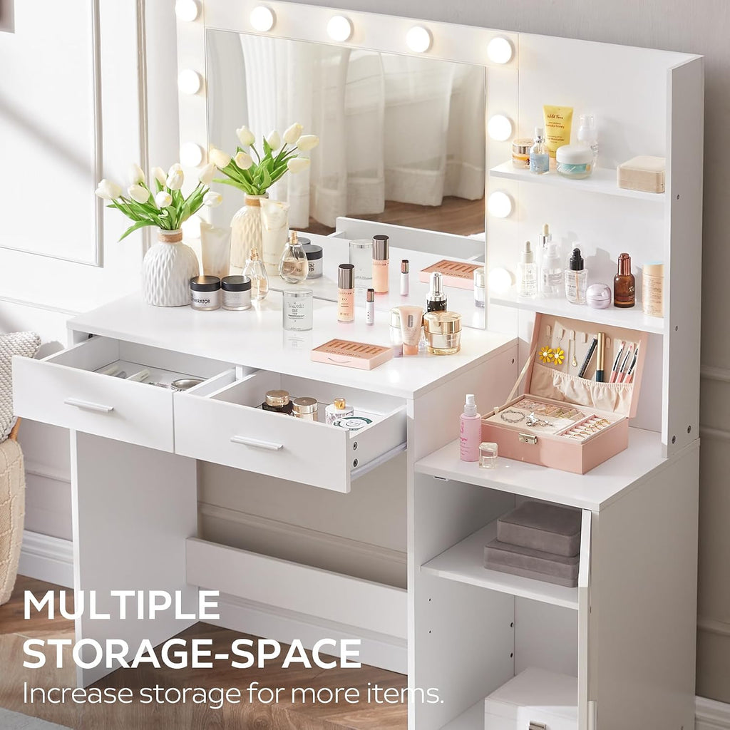 MIRROTOWEL 46.7' Vanity Desk with Mirror & LED Lights, Dressing Table with 2 Large Drawers & Vertical Organizer, 3-Tier Storage, 3 Adjustable Lighting Modes, Makeup Desk for Bedroom
