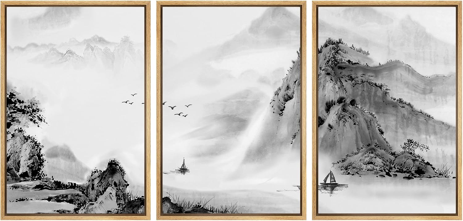 wall26 Framed Canvas Print Wall Art Set Black & White Chinese Ink Rainforest Nature Wilderness Illustrations Modern Art Cultural Scenic Relax/Calm for Living Room, Bedroom, Office - 24'x36'x3 Natural