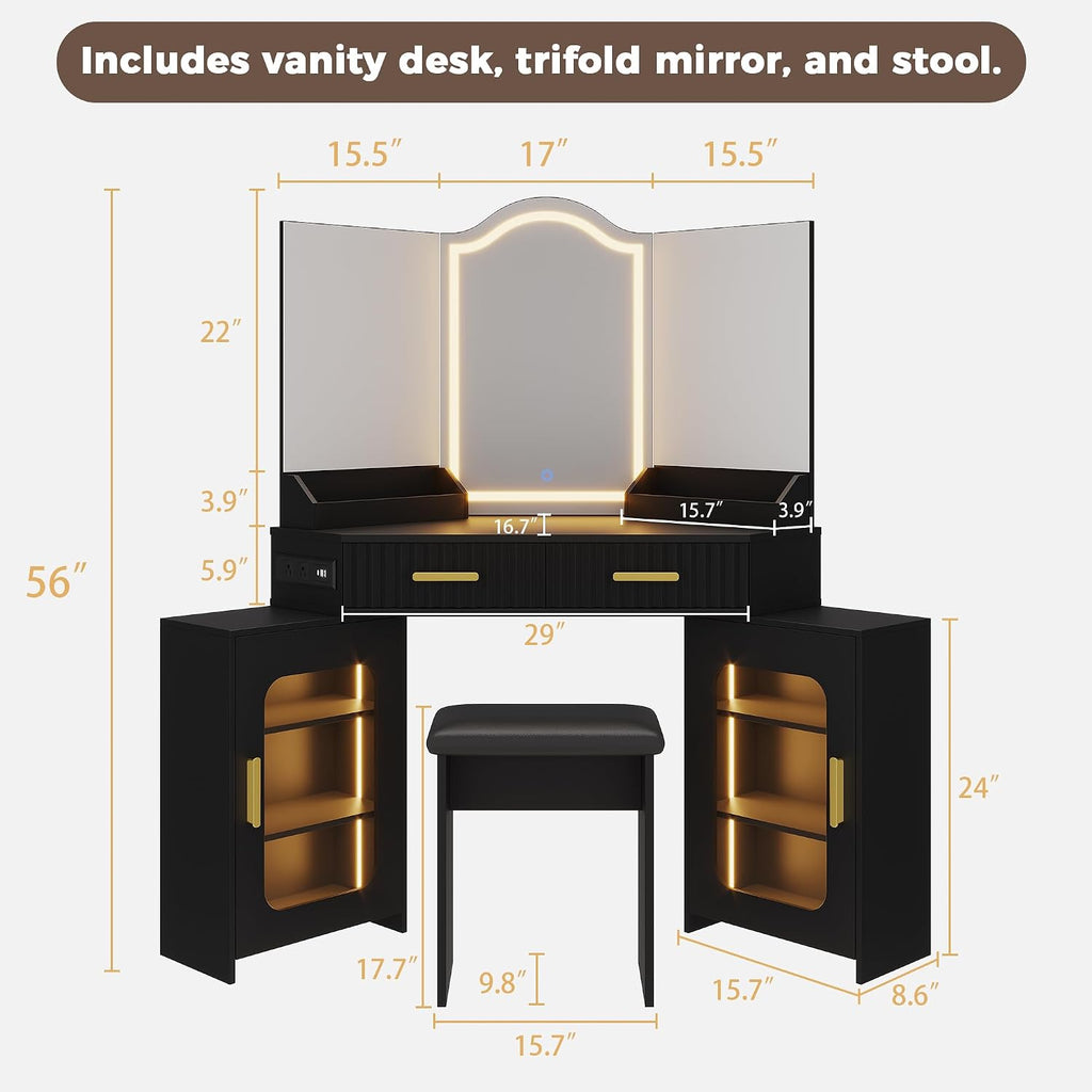 Corner Vanity Desk with 3 Way Mirror and Lights, 54' Modern Makeup Table Set with 2 Drawers & 2 Storage Cabinets, Charging Station, Stool, Large Bedroom Hexagonal Dressing Table (Matte Black)