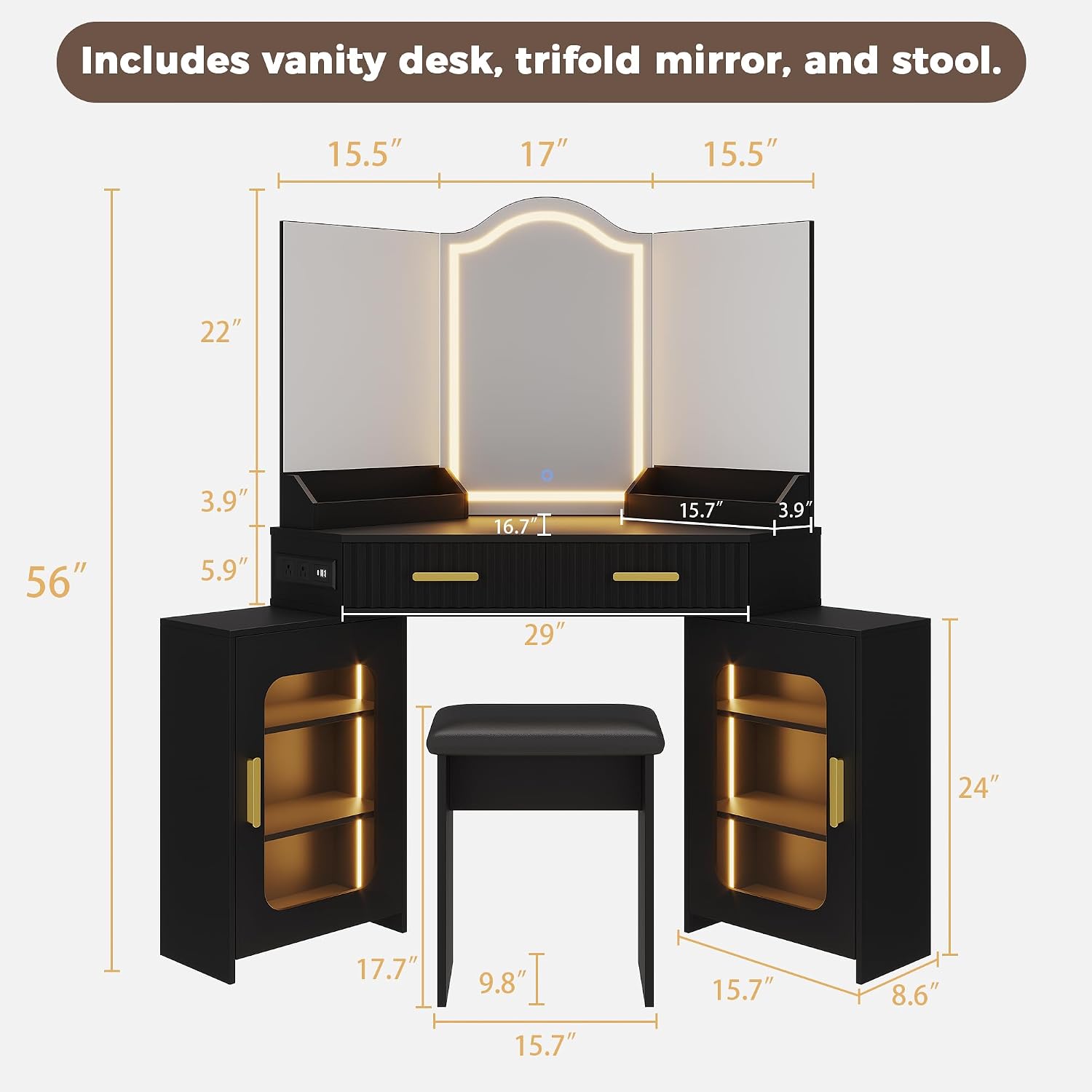 Corner Vanity Desk with 3 Way Mirror and Lights, 54' Modern Makeup Table Set with 2 Drawers & 2 Storage Cabinets, Charging Station, Stool, Large Bedroom Hexagonal Dressing Table (Matte Black)