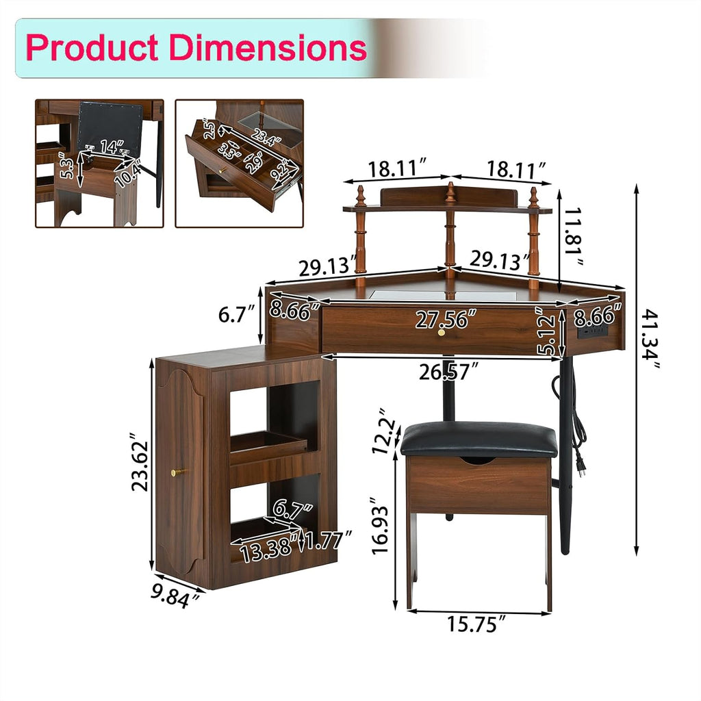 Corner Vanity Desk with Storage Stool Triangle Makeup Desk with Removable Pull-Out Side Cabinet Glass Tabletop Dressing Table with Drawer and Shelf for Bedroom, Walnut