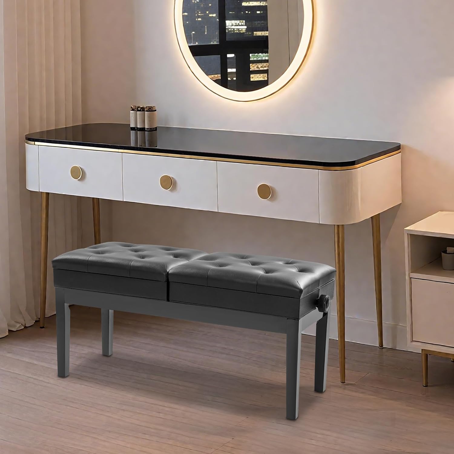 Adjustable Duet Piano Bench with Storage, Wood Keyboard Stool with PU Leather Padded Cushion, Double Seater Piano Chair with High-Density Sponge for Piano, Vanity, Living Room (Black)
