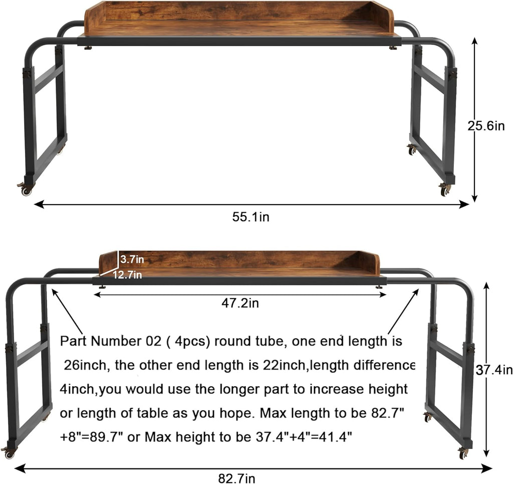 TigerDad Overbed Table with Wheels, Modern Style, Brown, 55.1-82.7x25.6x18.1 inches, 350lbs Weight Capacity
