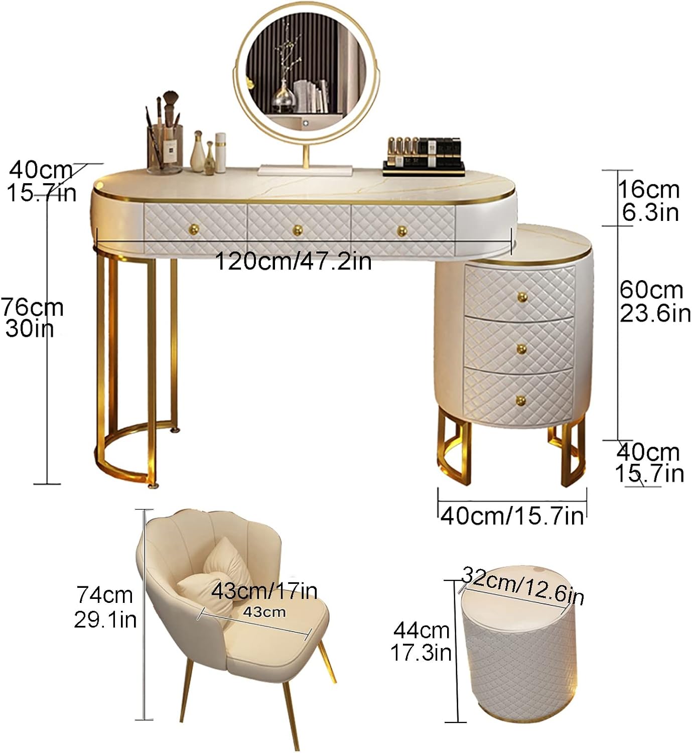 Corner Makeup Table Set Makeup, Women Dresser Table Vanity with 5-6 Drawers, Vanity Dressing Table with 360° Rotating Mirror, Makeup Vanity Benches Vanity Desk ，120cm Grey Round Stool