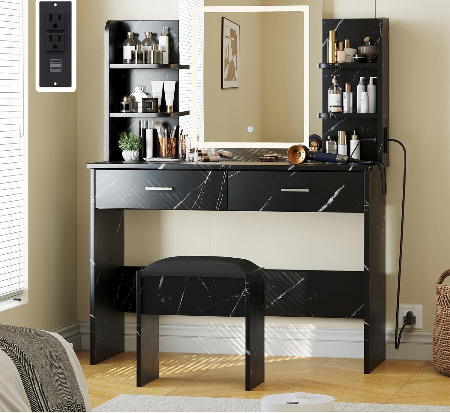 Garvee Vanity Desk with Lights | Tri-Mode LED Lighted Mirror & Charging Station | Makeup Vanity Set with 6 Shelves, 2 Drawers, Soft Cushion Stool | Dimmable Vanity Desk for Bedroom (Marble Black)