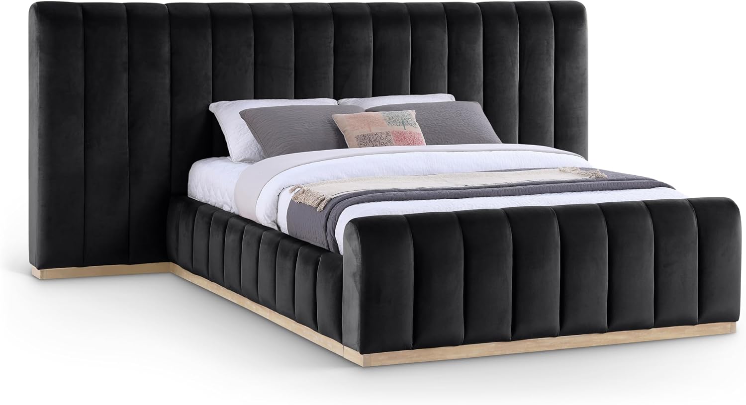 Meridian Furniture AmaraBlack-Q117 Collection Modern | Contemporary Queen Bed, Ultra Luxe Black 460 GSM Velvet, Natural Finish, Solid Wood Base and Inner Frame, 117' W x 99' D x 51' H, Black, Queen