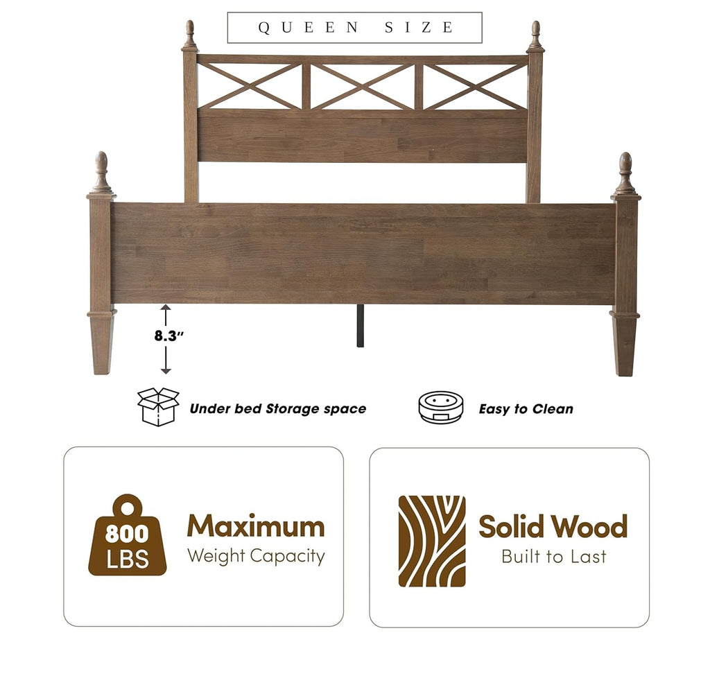 Queen Size Platform Bed Frame, Solid Wood with Headboard & Footboard, Center Metal Legs, 12 Strong Slatted Base, Anti-Noise & Slip-Free, Easy Assembly, No Box Spring Needed, Barnwood Finish RIQ-30