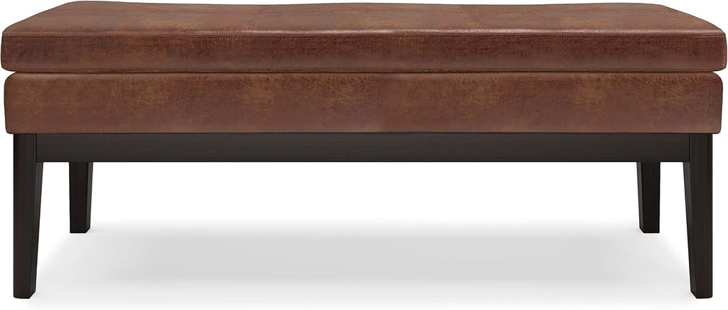 SIMPLIHOME Carlson Ottoman Bench - 45 inch Wide Upholstered Vegan Leather Rectangle Ottoman in Distressed Saddle Brown, Mid Century Modern Bench for Bedroom or Living Room with Padded Seat