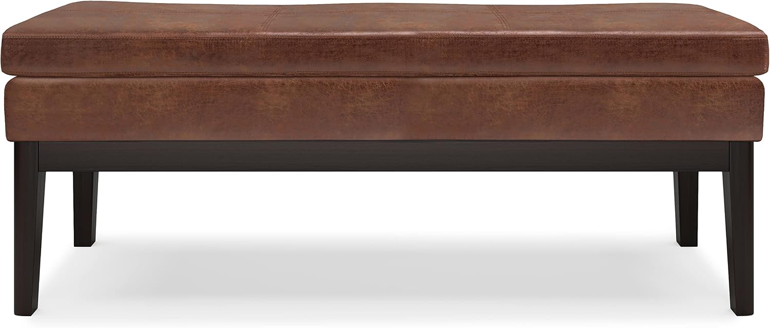 SIMPLIHOME Carlson Ottoman Bench - 45 inch Wide Upholstered Vegan Leather Rectangle Ottoman in Distressed Saddle Brown, Mid Century Modern Bench for Bedroom or Living Room with Padded Seat