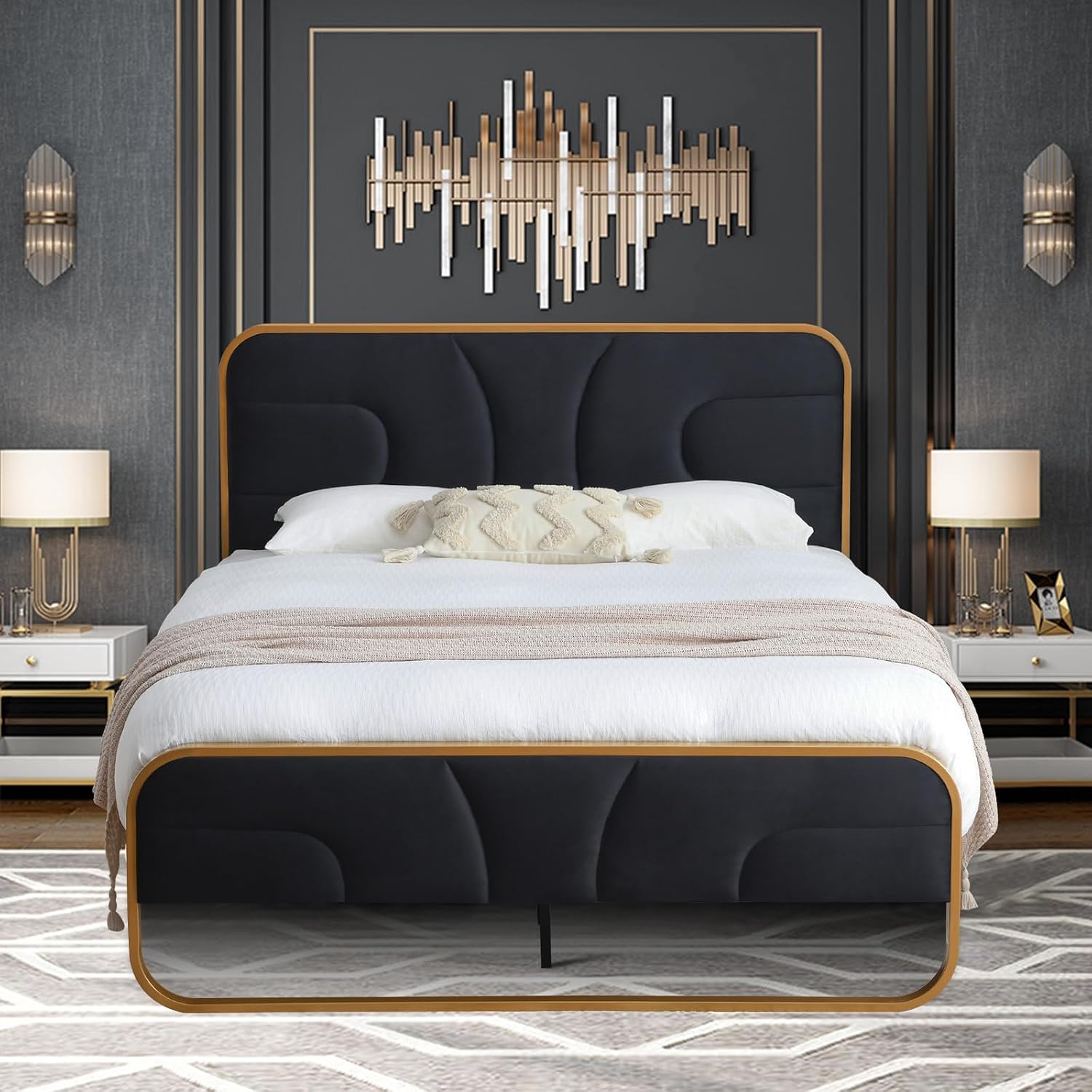 VELOCAVA Rounded Metal Upholstered Bed Queen with Unique Headboard, Soft Velvet Platform Bed Storage Supported by Metal Base and Wooden Slats, No Box Spring Needed,Gold & Black