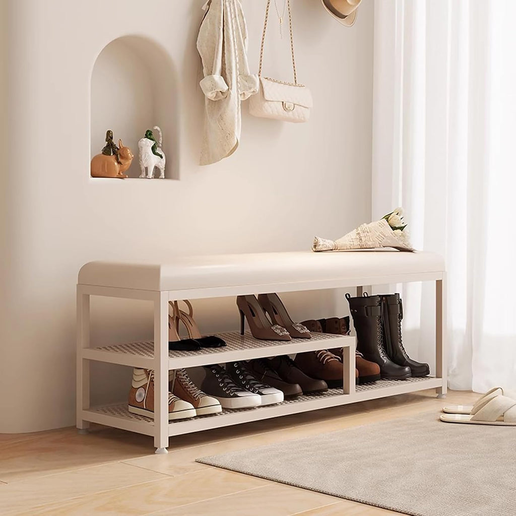 Entryway Bench with Storage, White PU Leather Seat and Metal Frame, Perfect for Hallway, Bedroom, Corner, Window Seat, Stylish Shoe Rack nizer