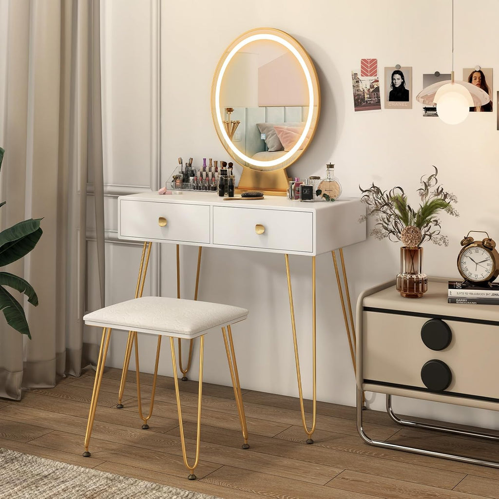 Byroce Vanity Desk with Lighted Mirror, 3 Color Lighting Modes, Adjustable Brightness, 2 Large Drawers & Acrylic Storage Box, Makeup Vanity Table with Cushioned Stool for Bedroom (White)
