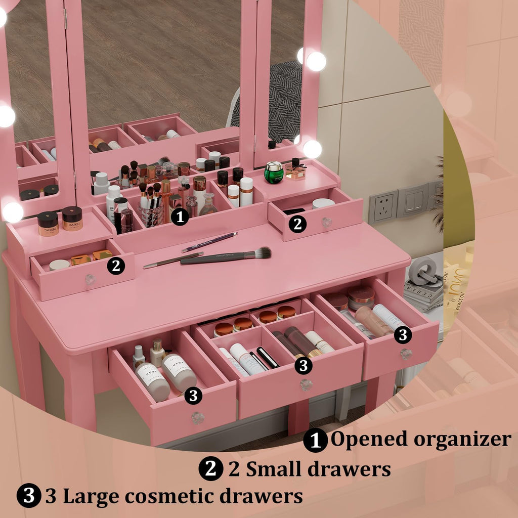 Pink Vanity Desk With Mirror And Lights For Girls Makeup Vanity Desk With Chair Vanity Table And Stool Set With 5 Storage Drawers 3 Colors Lighting Modes Tri Fold Vanity Mirror Lighted Vanity