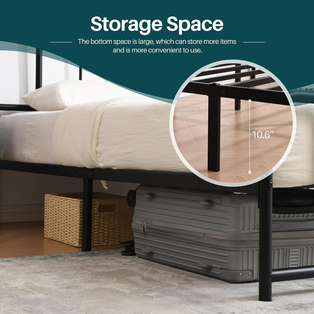 PINJU Metal Platform Bed Frame with Headboard and Footboard, Classic Style, Sturdy Metal Slats, No Box Spring Needed, Easy Installation (Black, Queen)