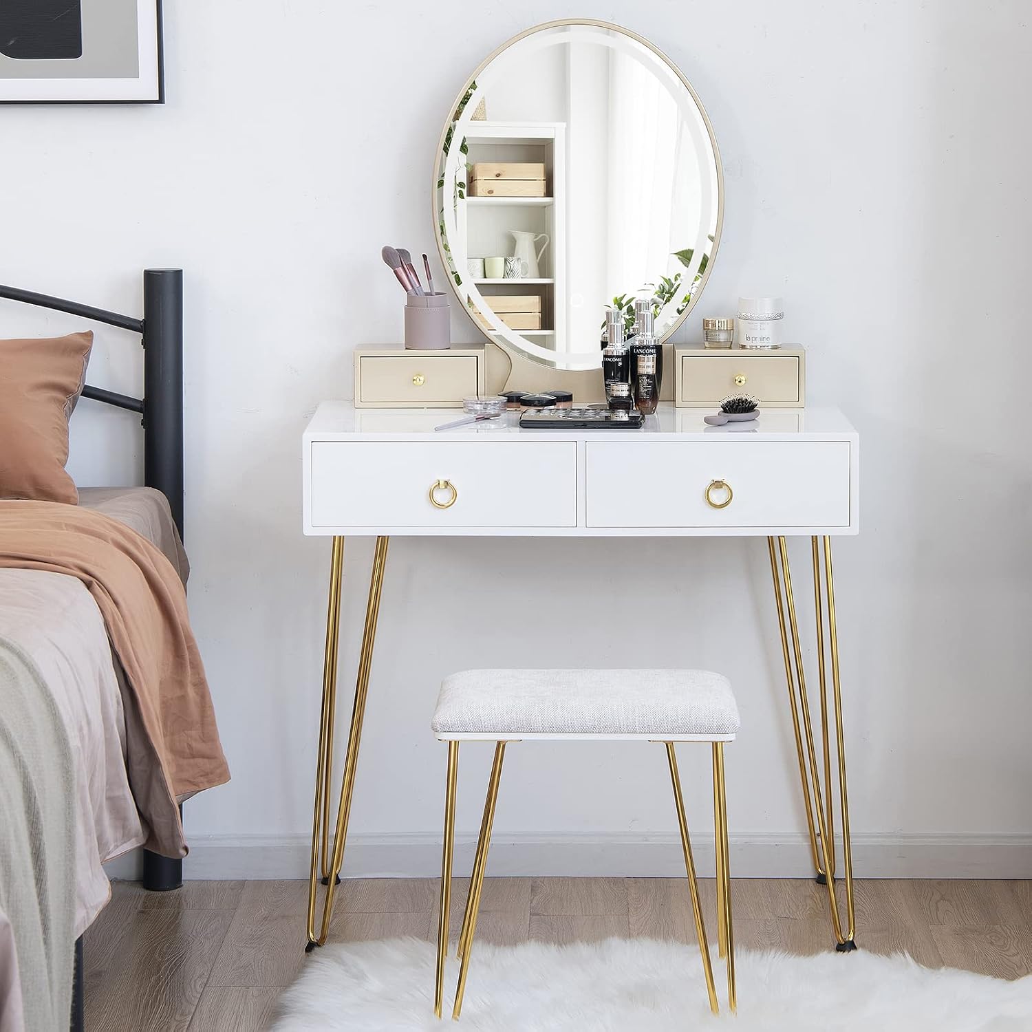 COSTWAY Vanity Desk Set with Mirror and Lights, Vanity Mirror with 3 Color Lighting Modes & Adjustable Brightness, Makeup Dressing Table with Cushioned Stool for Women Girls (White & Golden)