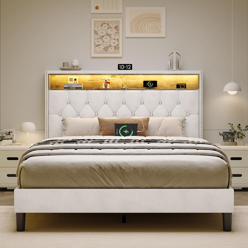 HOMBCK Full Size Bed Frame with LED Lights, Velvet Upholstered Bed Frame Full with Charging Station and Storage Headboard, Modern Diamond and Rivet Design, No Box Spring Needed, Easy Assembly, Beige