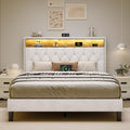 HOMBCK Full Size Bed Frame with LED Lights, Velvet Upholstered Bed Frame Full with Charging Station and Storage Headboard, Modern Diamond and Rivet Design, No Box Spring Needed, Easy Assembly, Beige