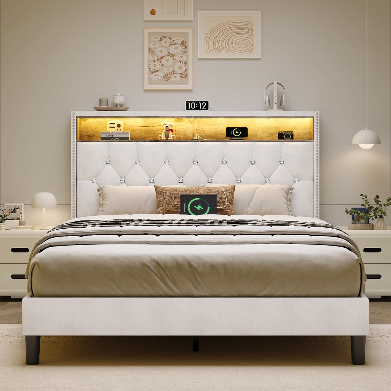HOMBCK Full Size Bed Frame with LED Lights, Velvet Upholstered Bed Frame Full with Charging Station and Storage Headboard, Modern Diamond and Rivet Design, No Box Spring Needed, Easy Assembly, Beige