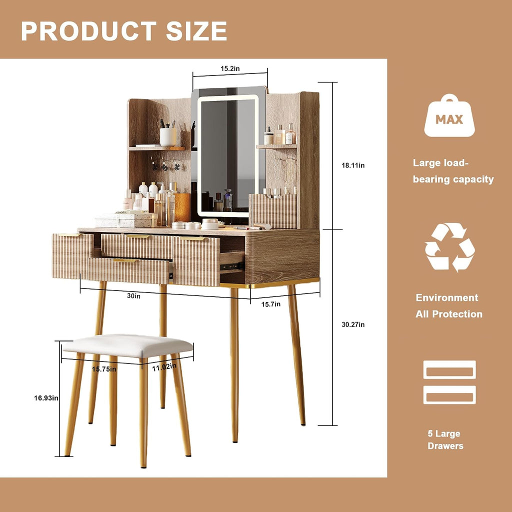 Vanity Desk with LED Mirror Lights, 4 Drawers & Jewelry Storage, Makeup Vanity Set with Metal Legs and PU Stool, Dressing Table for Bedroom Girls, Yellow Brown