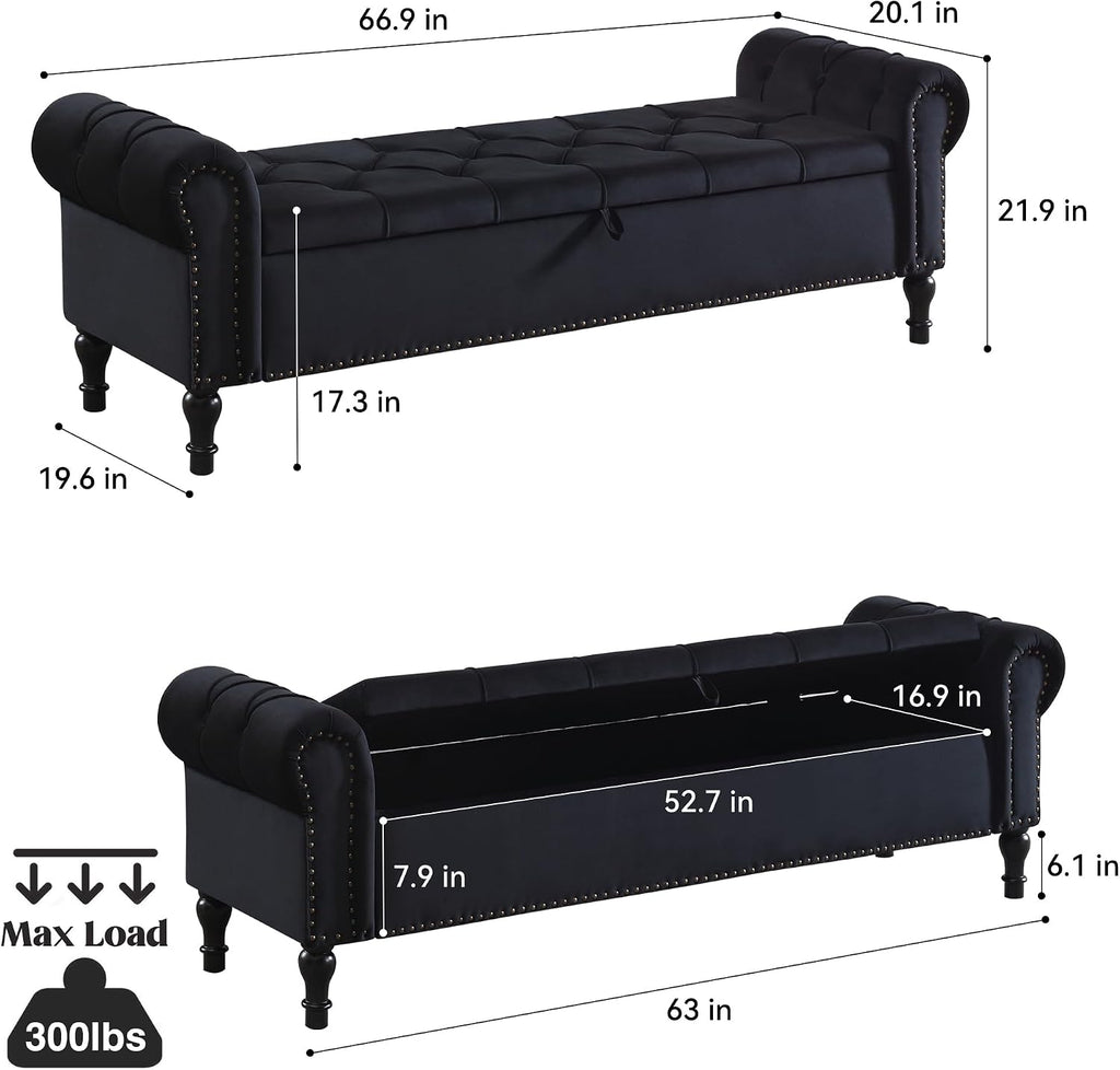 Storage Bed Bench for Bedroom, 67 Inches End of Bed Bench, Velvet King Size Bench with Arms, Tufted Button Storage Ottoman Benches, Upholstered Bench for Bedroom, Living Room, Entryway, Black