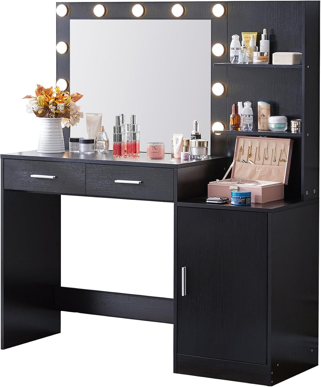 MIRROTOWEL 46.7' Vanity Desk with Mirror & LED Lights, Dressing Table with 2 Large Drawers & Vertical Organizer, 3-Tier Storage, 3 Adjustable Lighting Modes, Makeup Desk for Bedroom