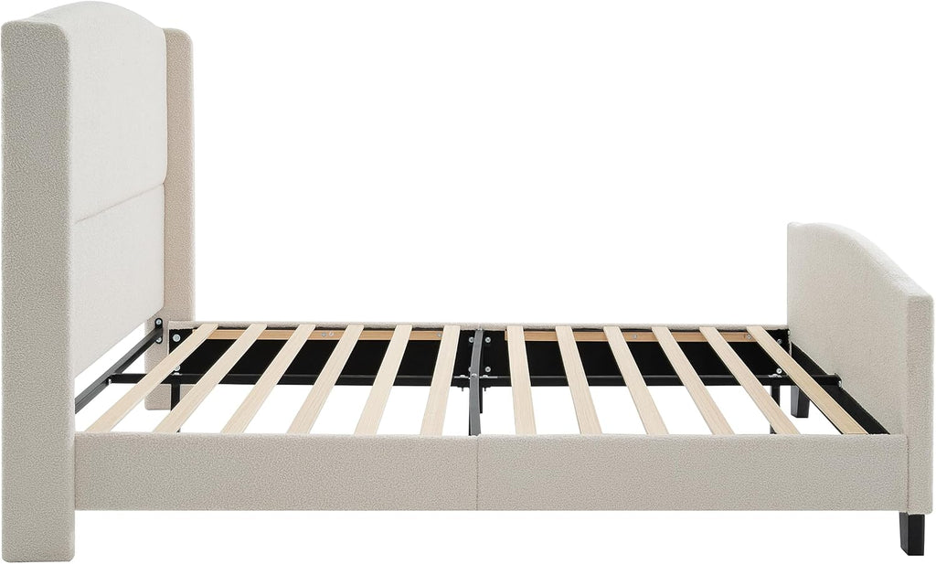 KEIKI Queen Size Velvet Upholstered Platform Bed, Metal Bed Frame w/Tall Wingback Headboard, Modern Solid Bedframe Queen-Size, Wood Slat Support, No Box Spring Needed, Easy Assembly, Ivory
