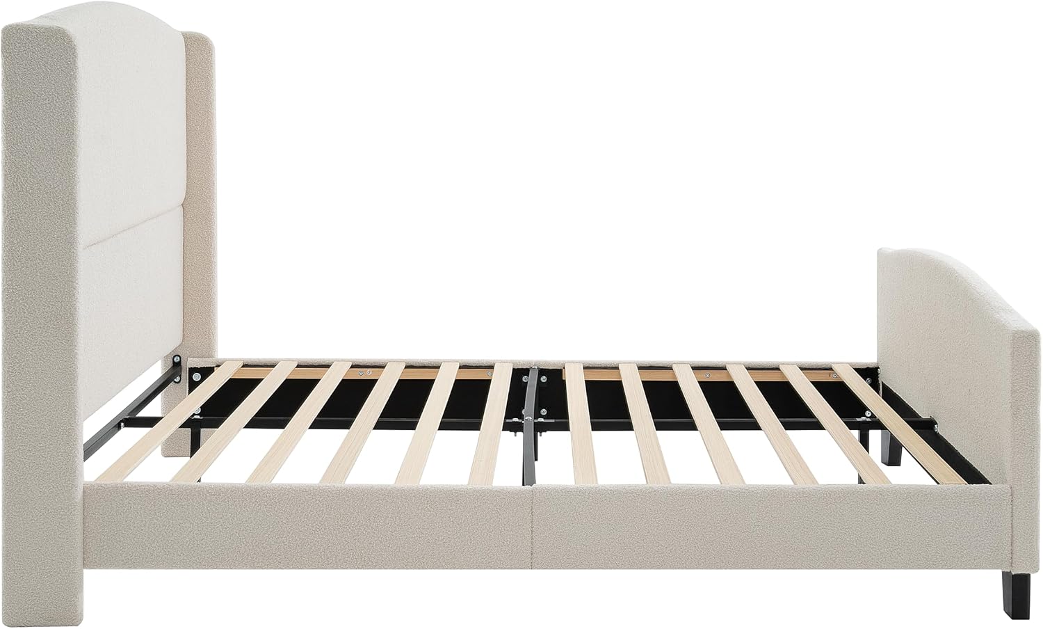 KEIKI Queen Size Velvet Upholstered Platform Bed, Metal Bed Frame w/Tall Wingback Headboard, Modern Solid Bedframe Queen-Size, Wood Slat Support, No Box Spring Needed, Easy Assembly, Ivory