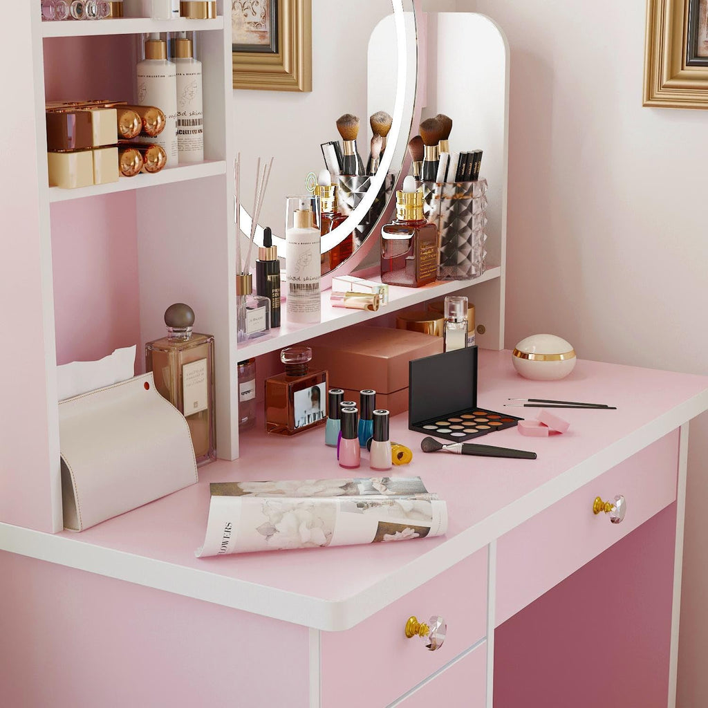 FUFU&GAGA Pink Vanity Set with Round Lighted Mirror, Makeup Vanity Bedroom Dressing Table with 5 Drawers, Shelves, Dresser Desk and Cushioned Stool