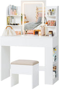 JUMMICO Makeup Vanity with Mirror and Lights, Vanity Desk with 3 Color Modes and Adjustable Light Brightness, Makeup Table with Storage Drawer, Open Shelves, and Side Storage (White, with Bench)