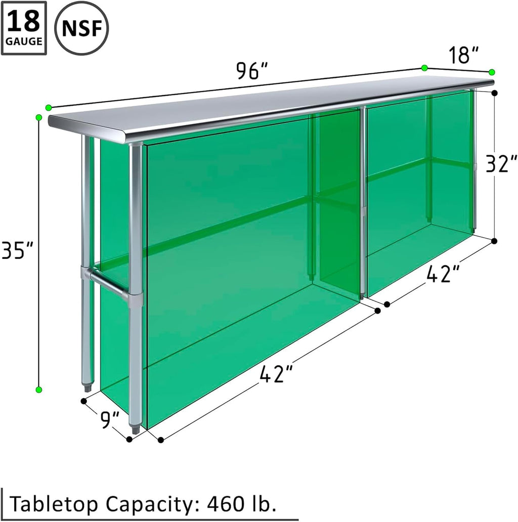 Stainless Steel Open Base Work Table | NSF Metal Prep Table & Utility Bench (96' x 18')