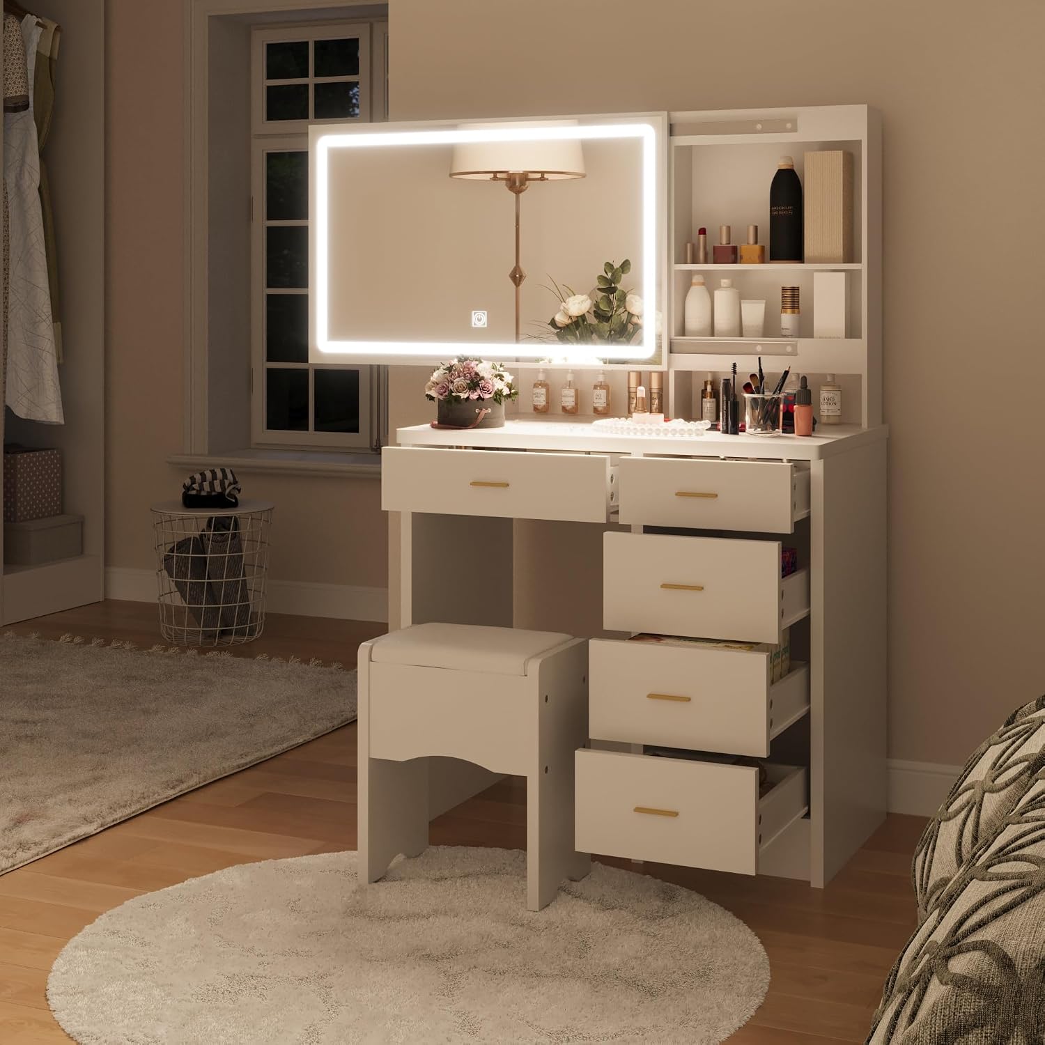 Vanity Desk with Mirror and Lights, 31.5' Makeup Vanity with Sliding Mirror and 3 Light Modes, Modern Vanity Table with 5 Drawers, Hidden and Open Storage Shelves, Makeup Desk for Bedroom, White