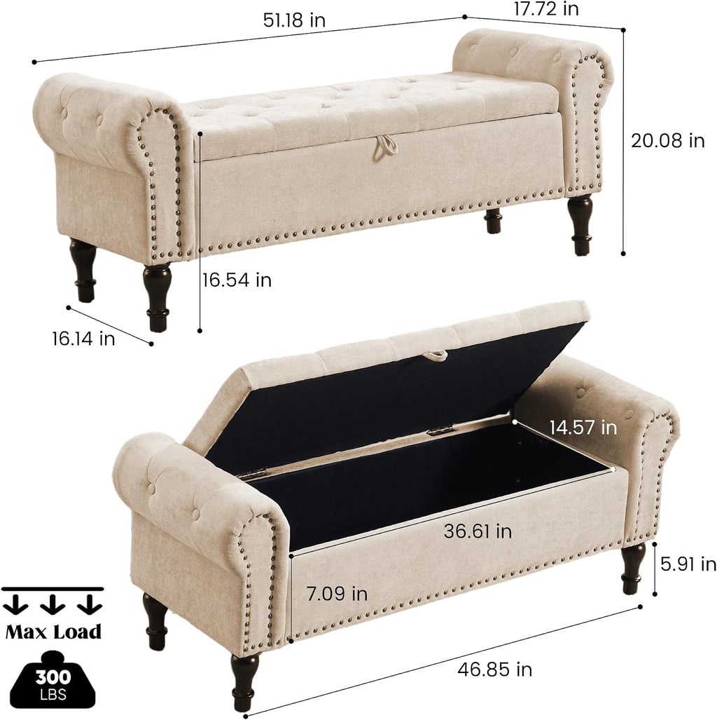 51' Storage Bench for Bedroom, Chenille End of Bed Bench, Queen Size Bench with Rolled Arms, Tufted Storage Ottoman Benches, Upholstered Bench for Bedroom, Living Room, Entryway, Camel