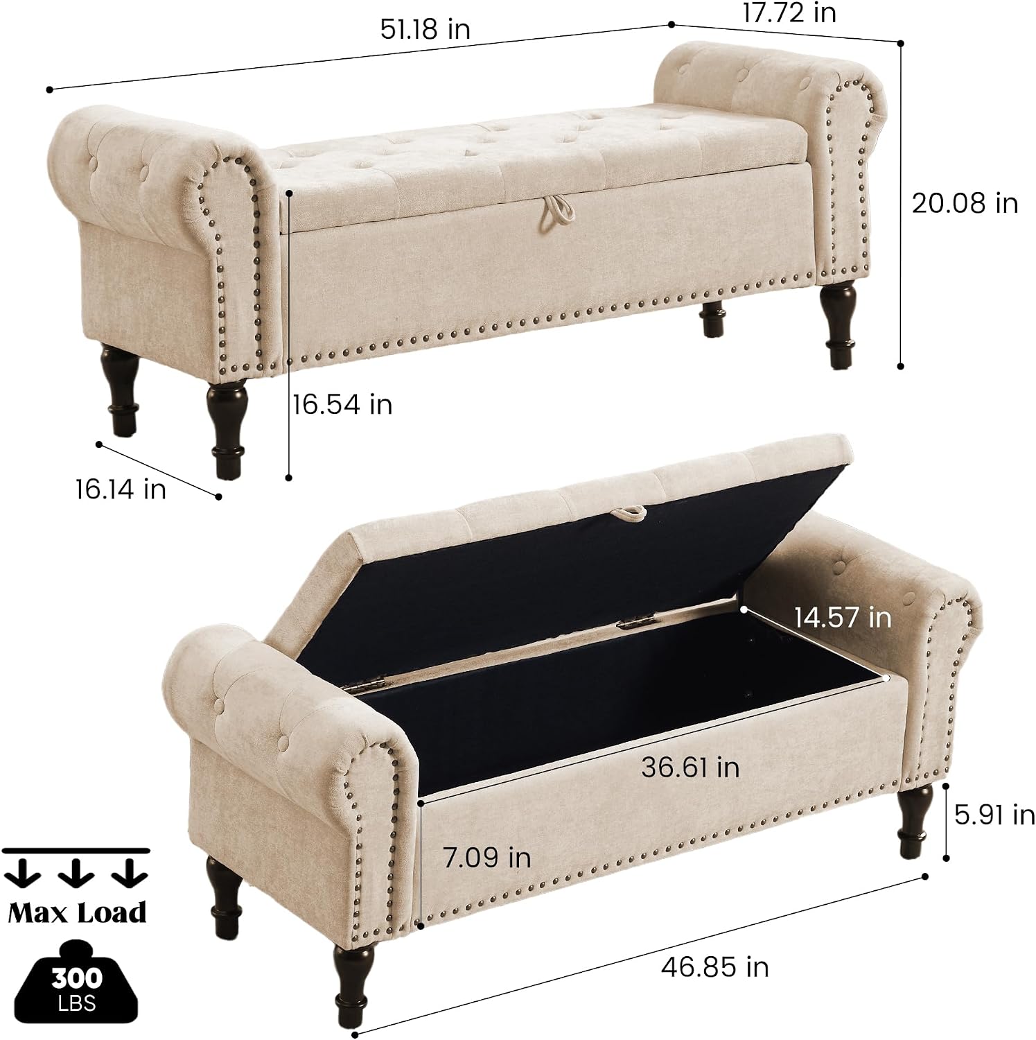 51' Storage Bench for Bedroom, Chenille End of Bed Bench, Queen Size Bench with Rolled Arms, Tufted Storage Ottoman Benches, Upholstered Bench for Bedroom, Living Room, Entryway, Camel
